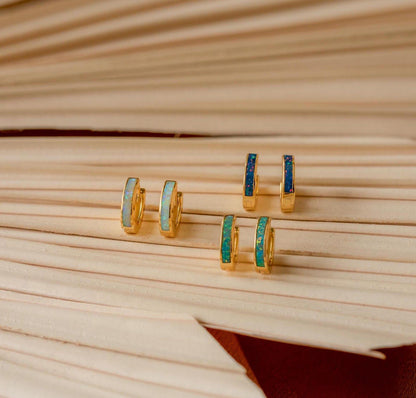 Dainty Opal Inlay Huggie Earrings Set