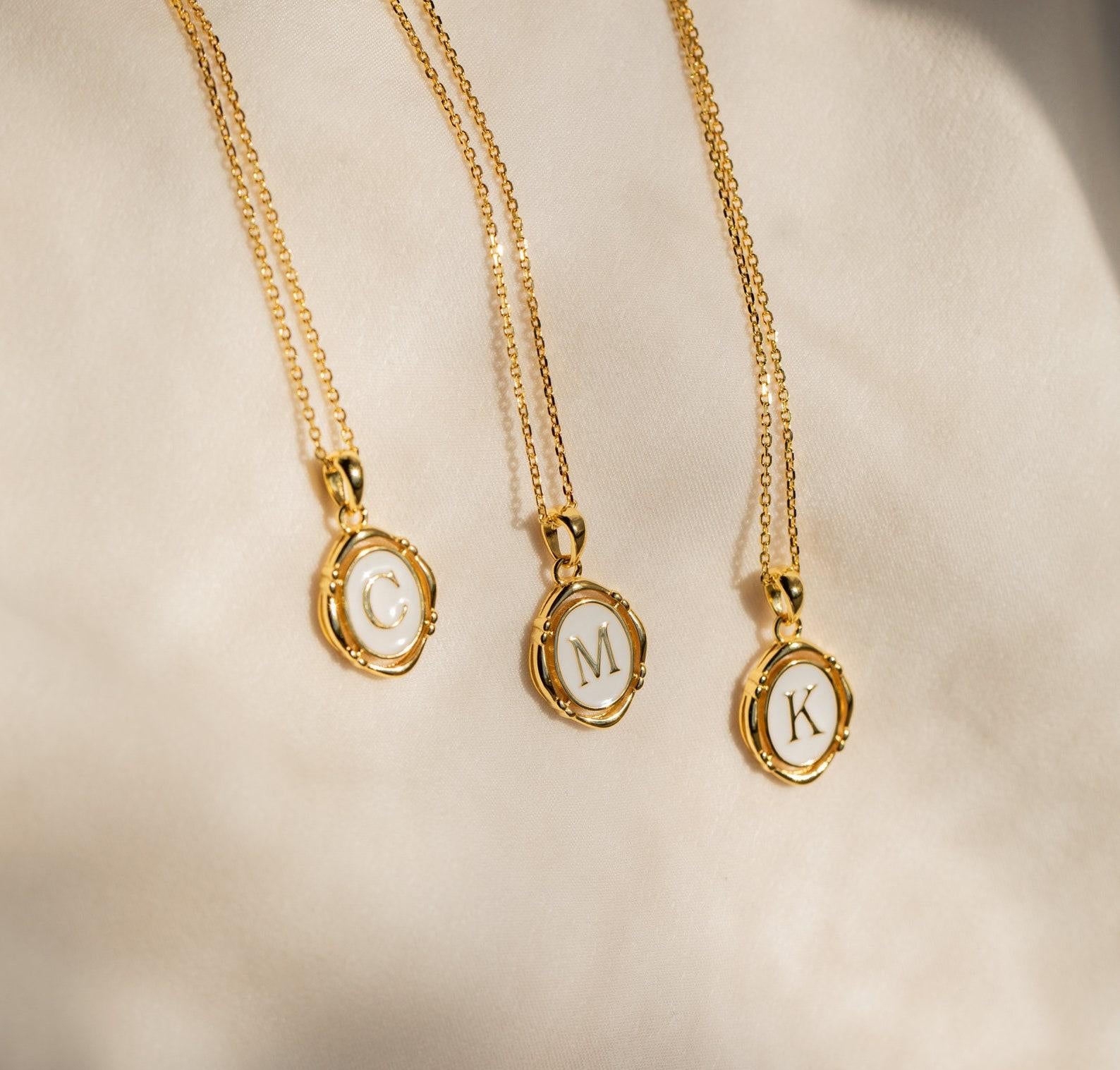 White Enamel Gold Initial Necklace