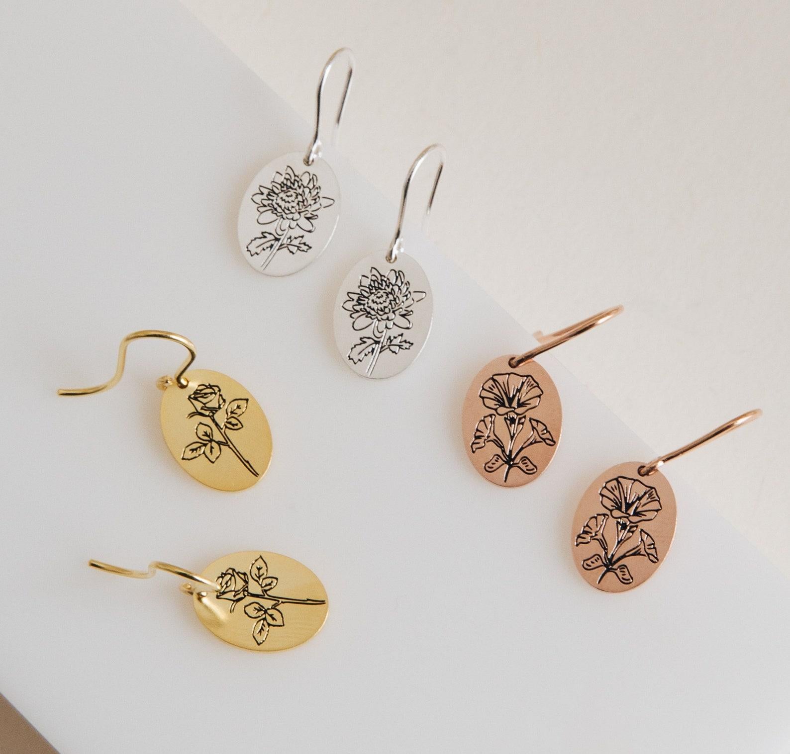 Dainty Birth Flower Dangle Earrings