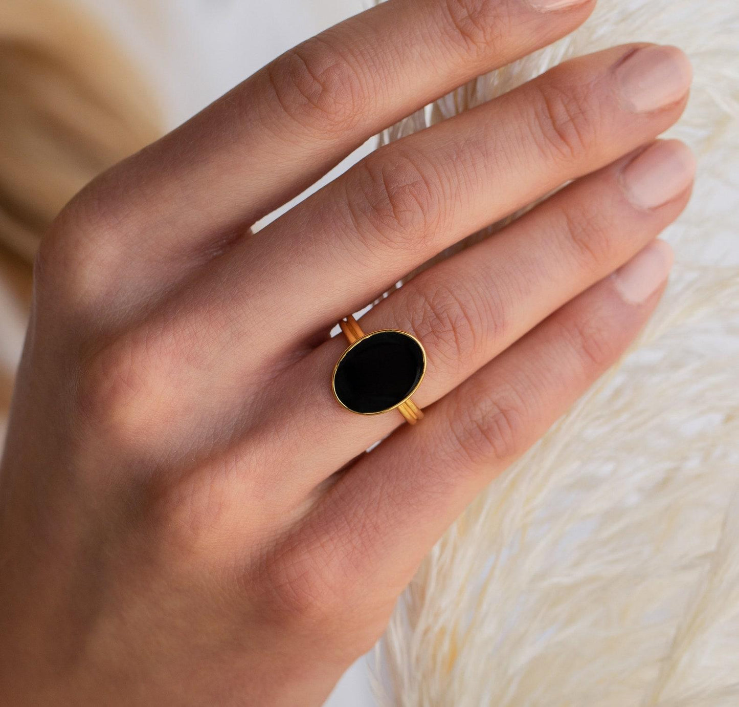 Vintage Onyx Oval Ring with Adjustable Band