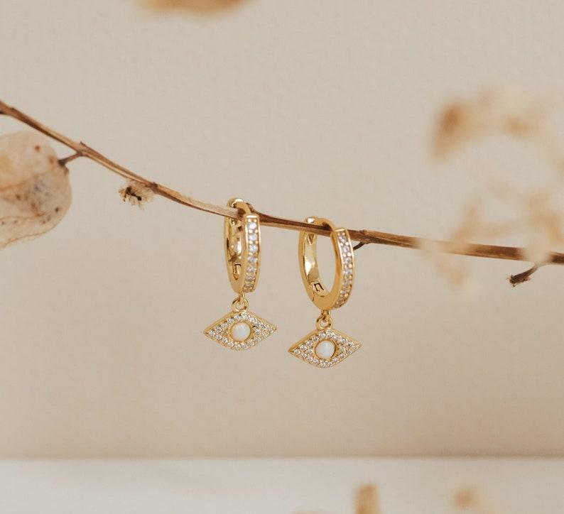 Opal Hoop Earrings with Evil Eye Charm