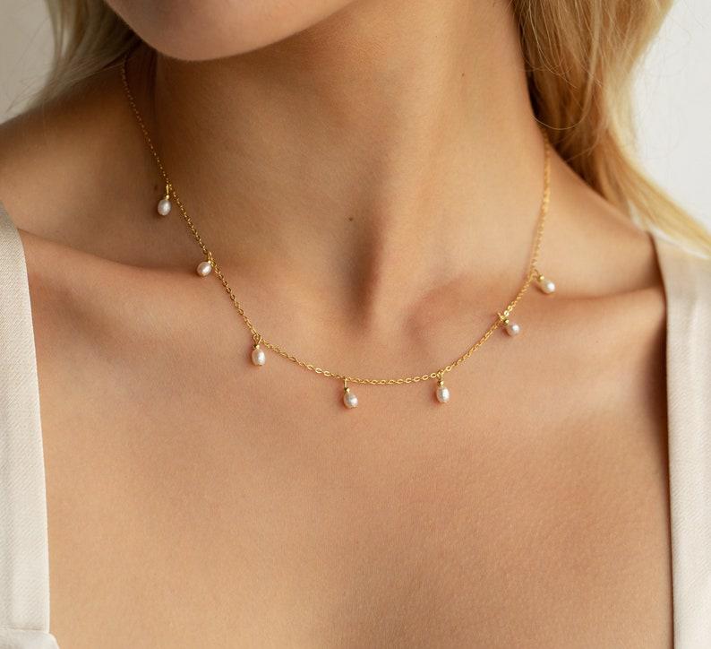 Dainty Pearl Station Necklace in Gold Silver