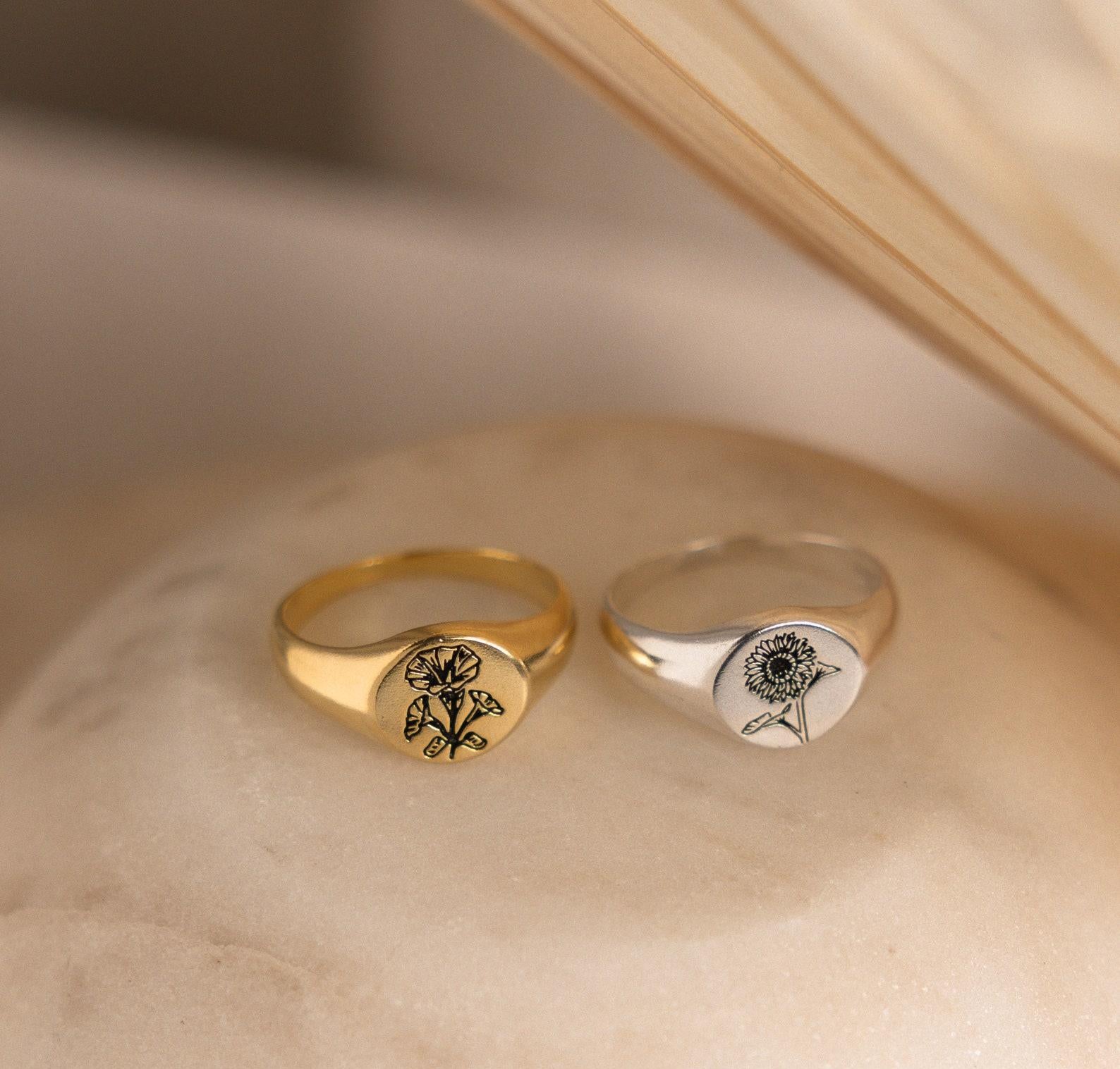 Custom Birth Flower Signet Ring for Moms