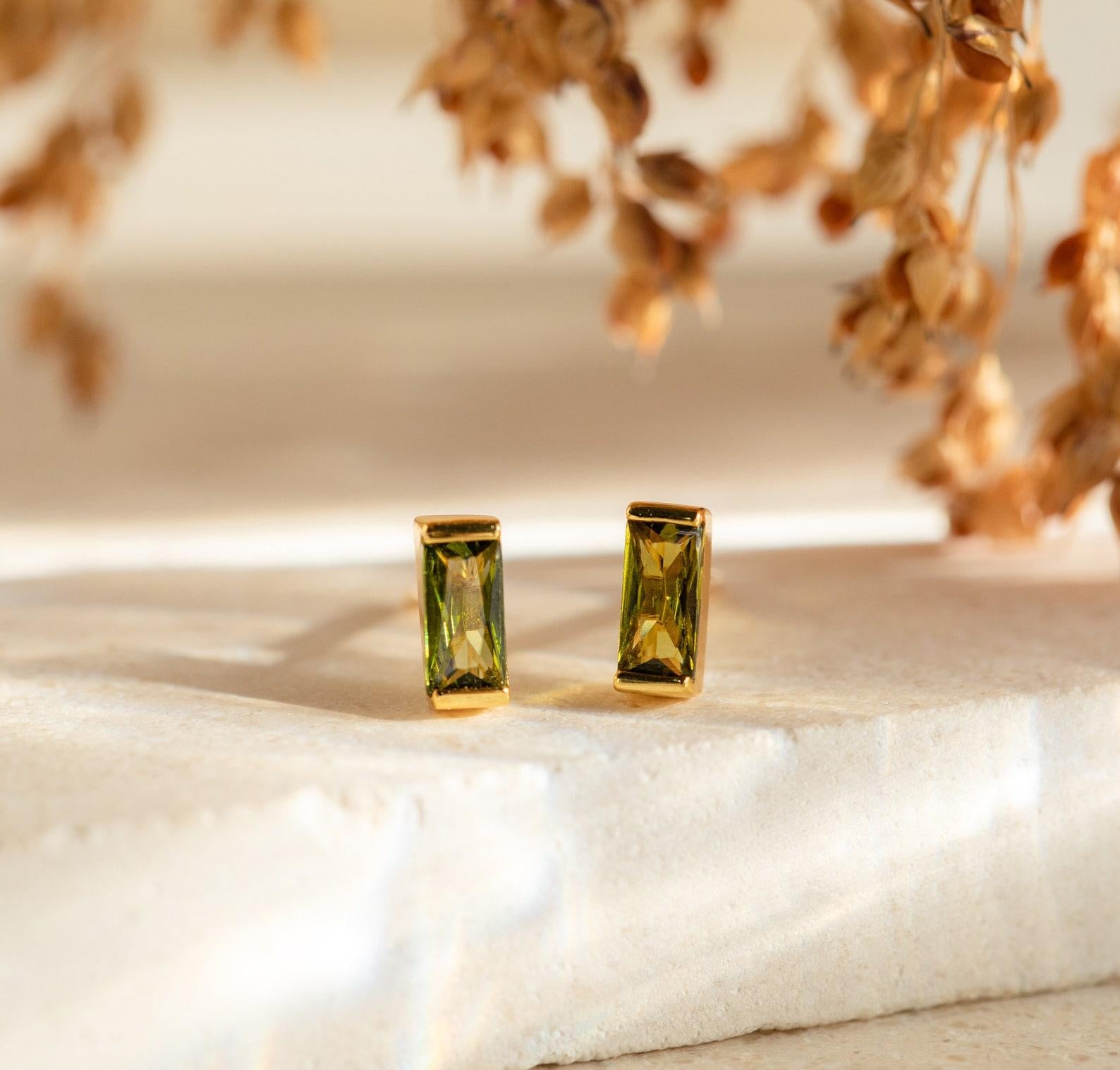 Personalized Birthstone Baguette Earrings in Gold