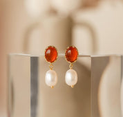 Carnelian and Pearl Drop Earrings