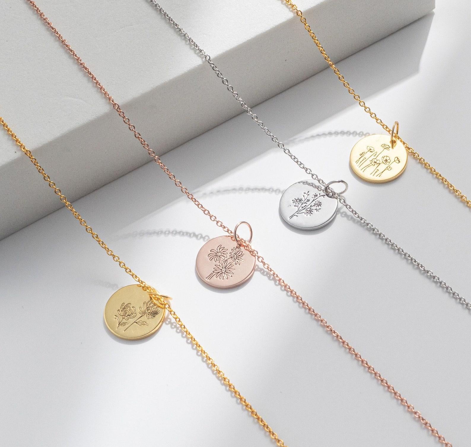 Personalized Floral Disc Necklace Gift for Mom