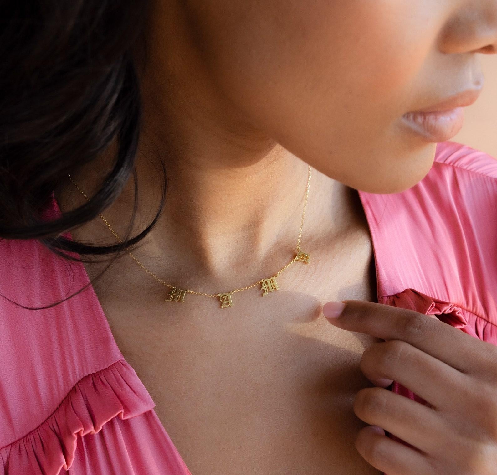 Gothic Letter Necklace in Gold Silver Rose Gold