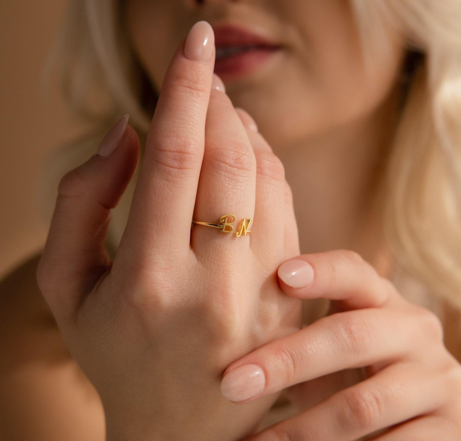 Custom Two Letter Dainty Ring for New Moms