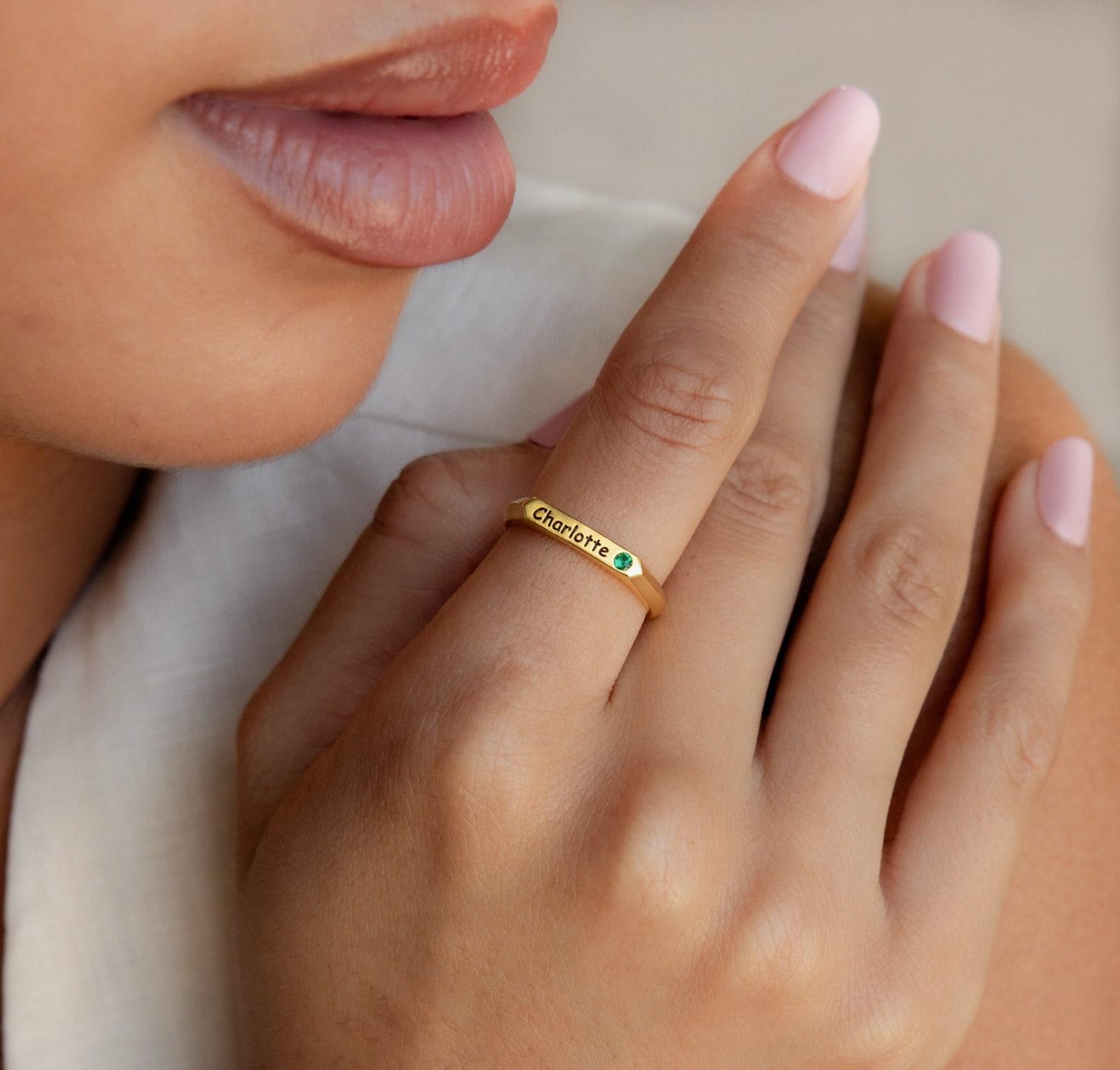 Personalized Signet Name Ring with Birthstone