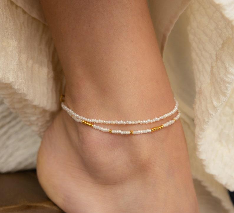 Dainty Pearl Beaded Anklet in Gold and Silver