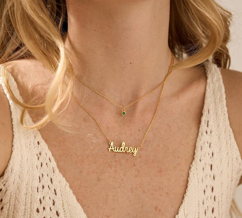 Personalized Layered Name Necklace with Birthstone