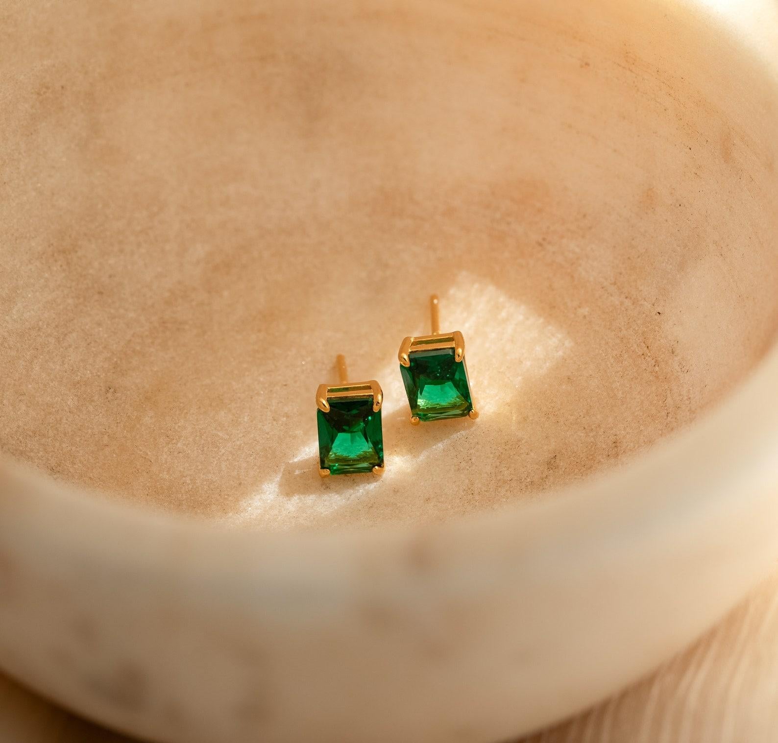 Emerald Cut Gold Birthstone Earrings