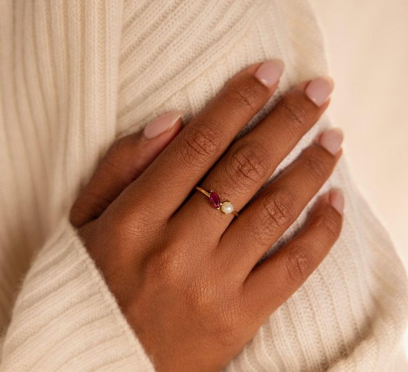 Dainty Personalized Marquise Pearl Ring