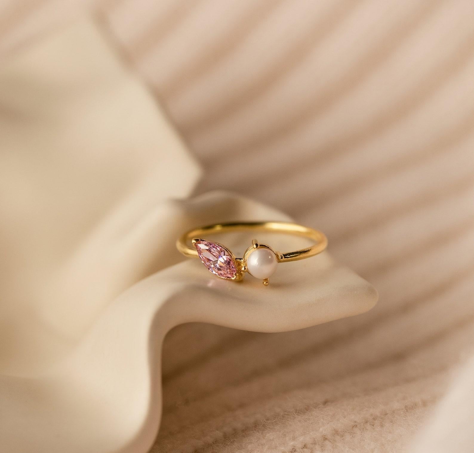 Dainty Personalized Marquise Pearl Ring