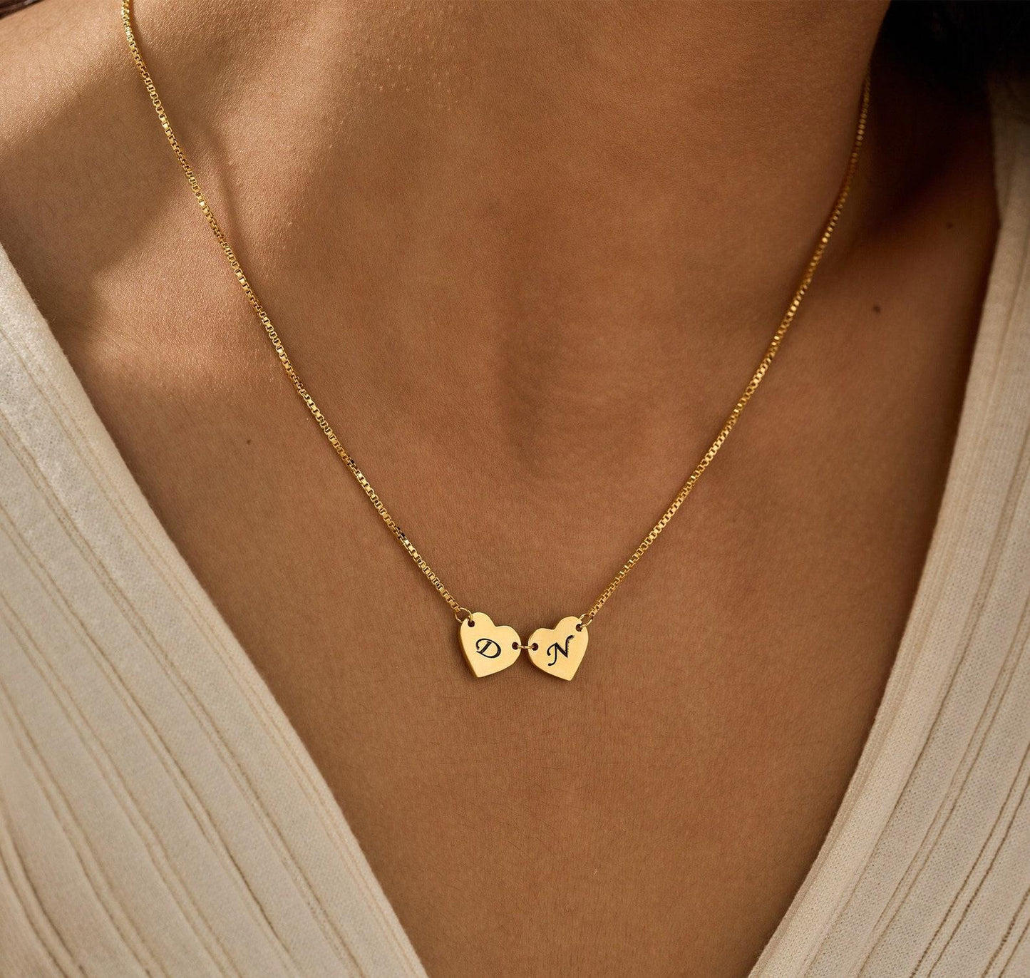 Custom Engraved Two Hearts Necklace in Gold