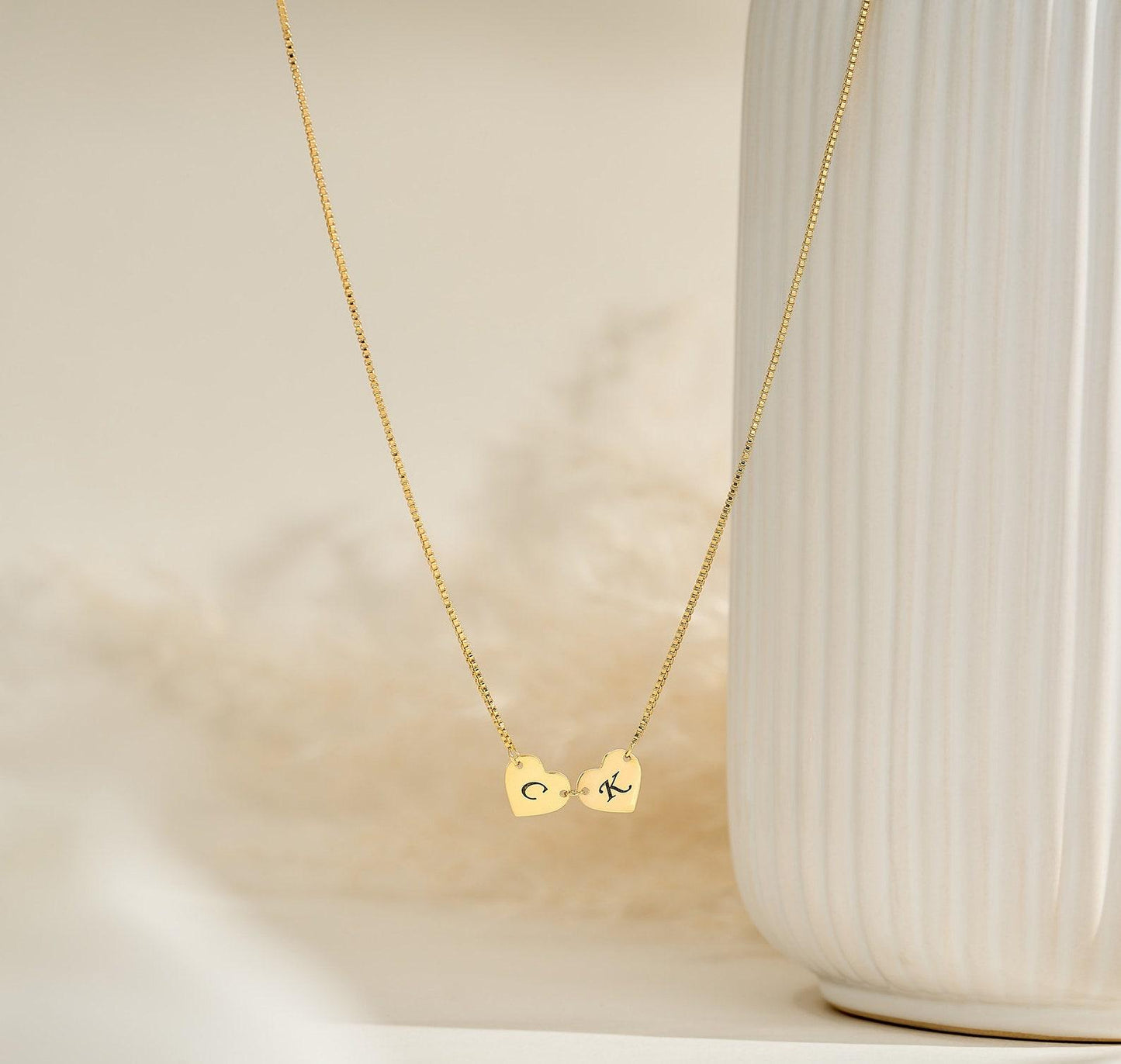 Custom Engraved Two Hearts Necklace in Gold