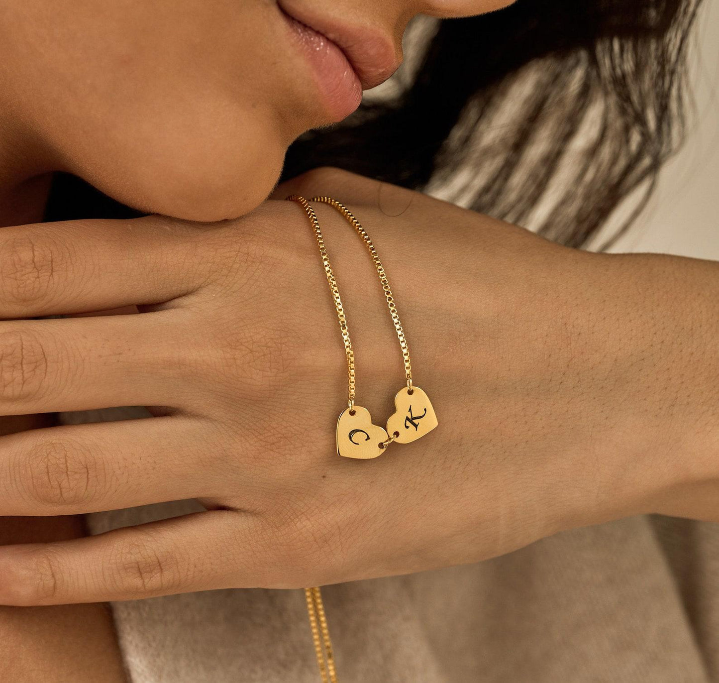 Custom Engraved Two Hearts Necklace in Gold