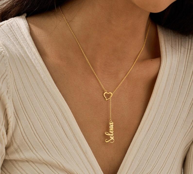 Personalized Gold Heart Name Lariat Necklace