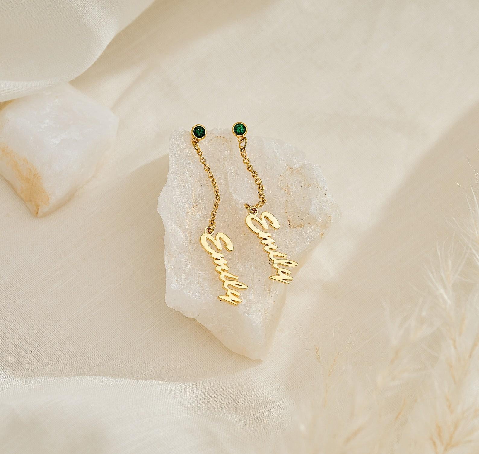 Custom Name Drop Earrings with Birthstone