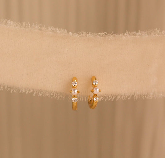 Dainty Pearl Diamond Gold Hoop Earrings