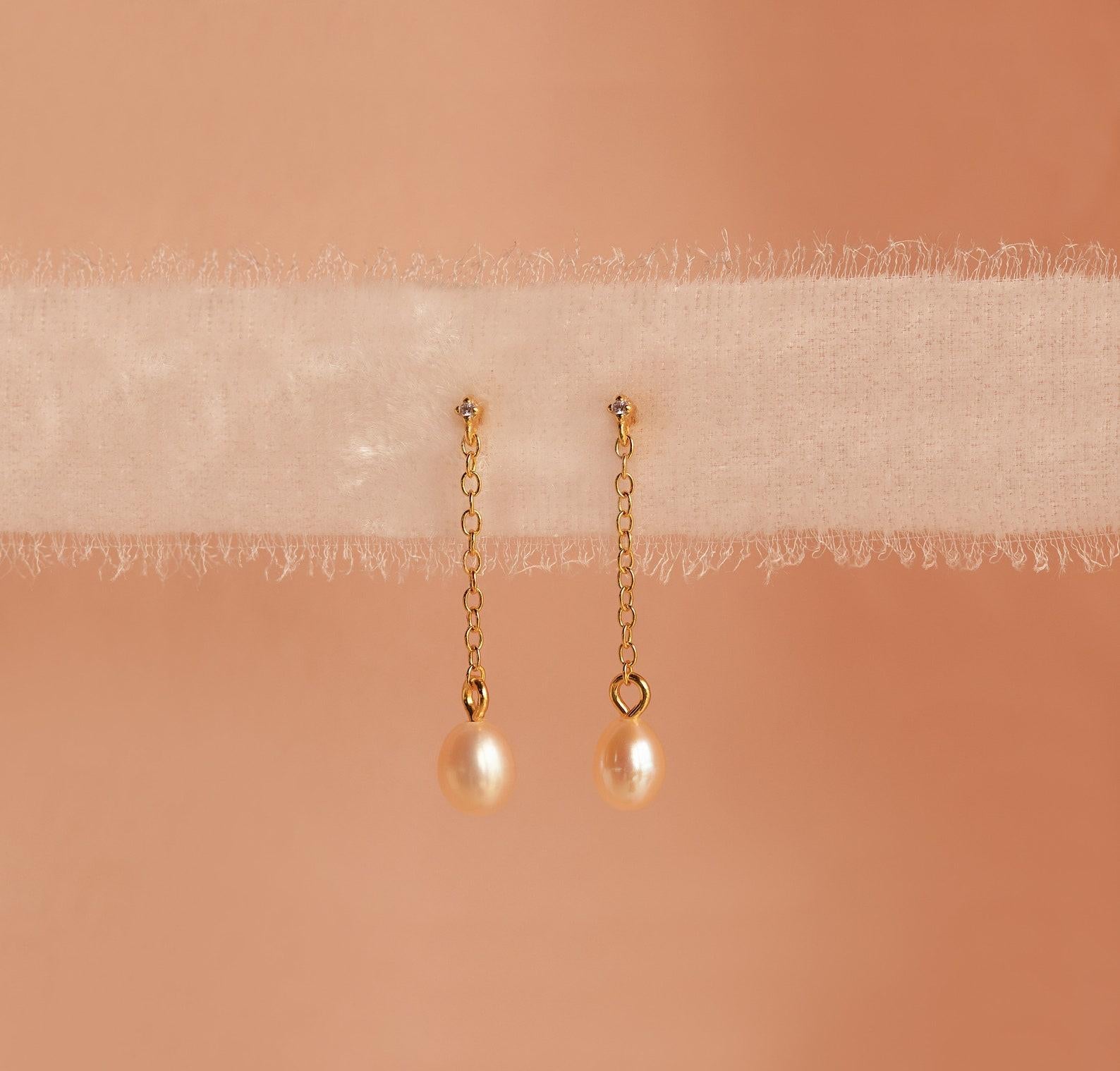 Pink Pearl Drop Earrings with Tiny Diamonds