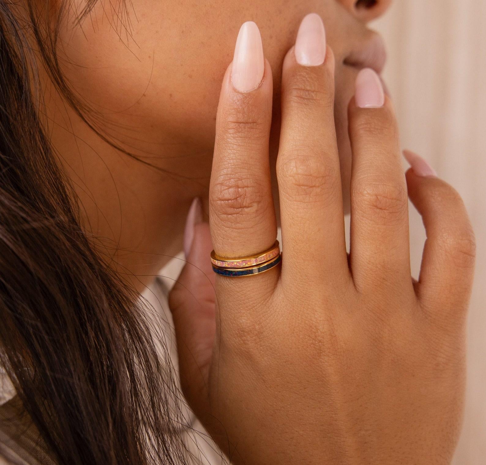 Dainty Opal Inlay Stackable Rings