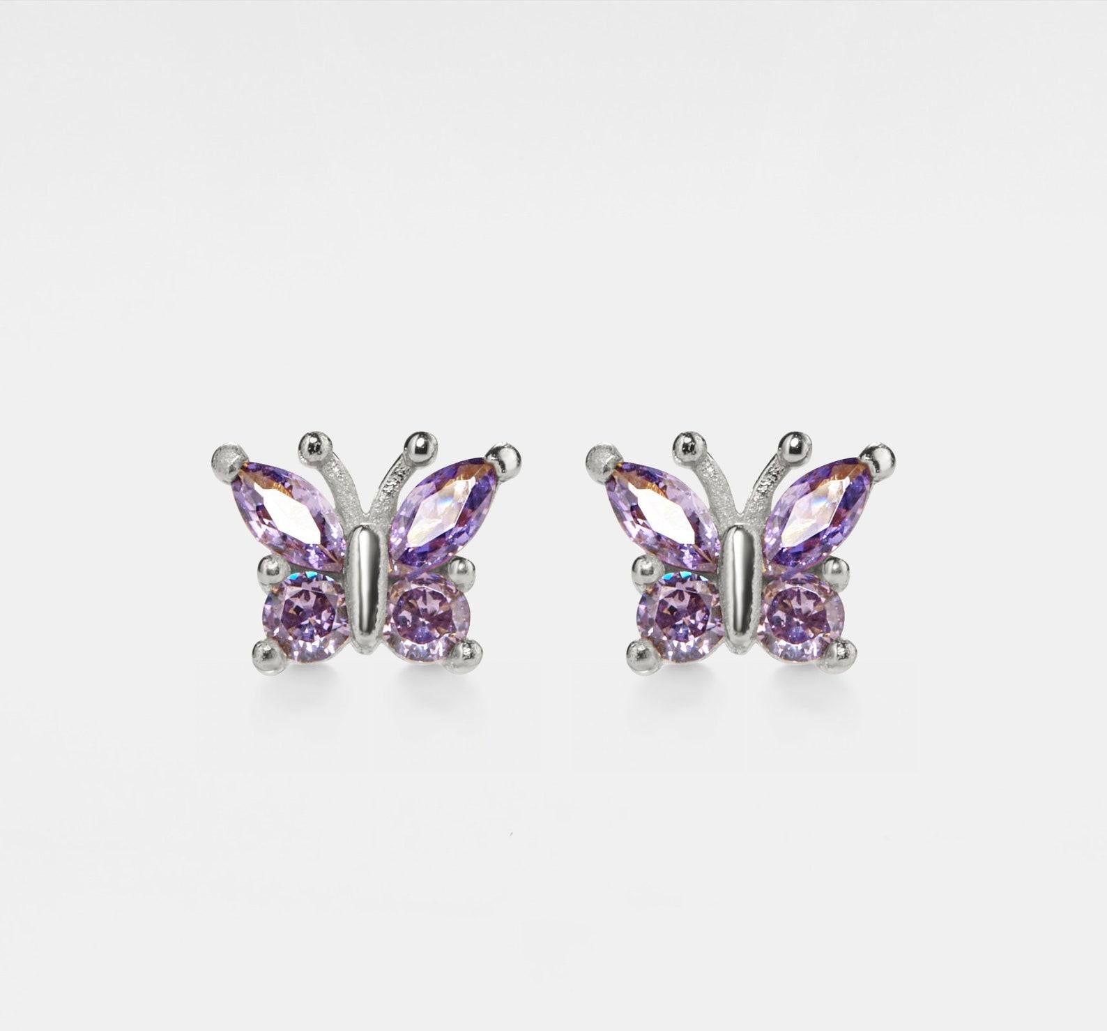 Purple Crystal Butterfly Stud Earrings