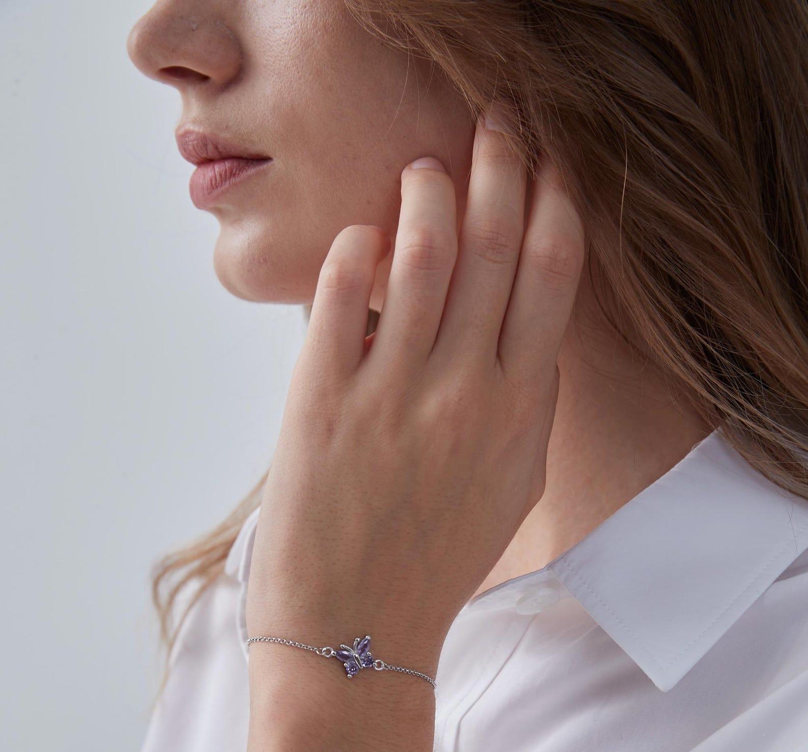 Amethyst Butterfly Charm Bracelet in Sterling Silver