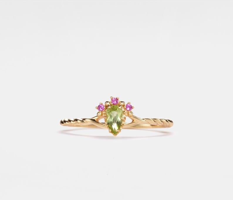 Dainty Gold Peridot Two Ring Set