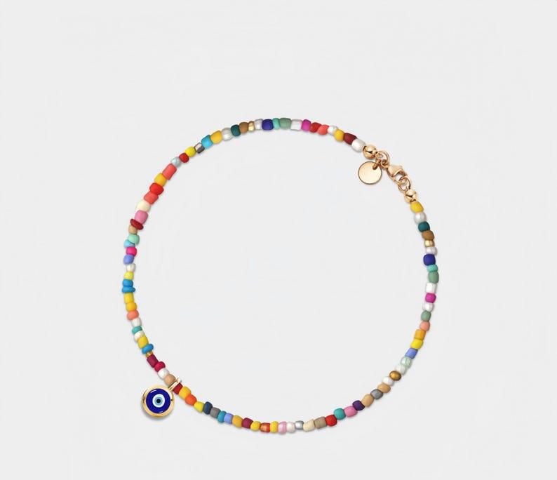 Rainbow Bead Evil Eye Anklet