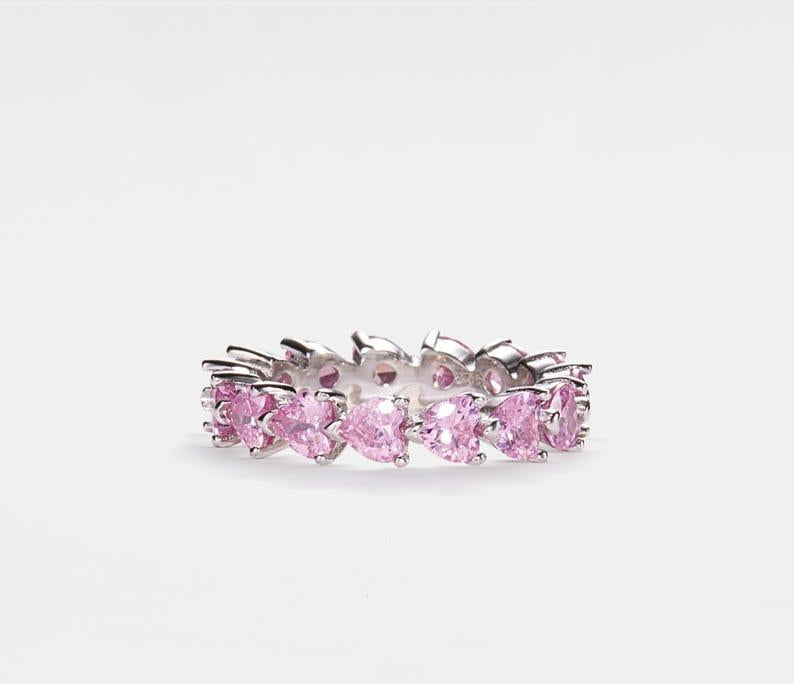 Pink Heart Eternity Ring in Sterling Silver