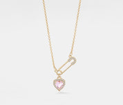 Pink Heart Safety Pin Necklace in Silver