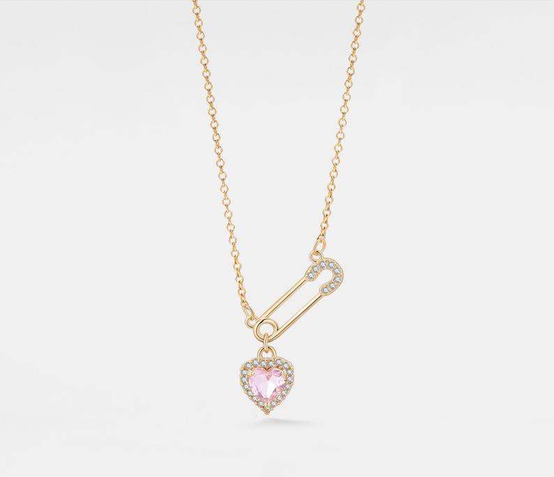 Pink Heart Safety Pin Necklace in Silver