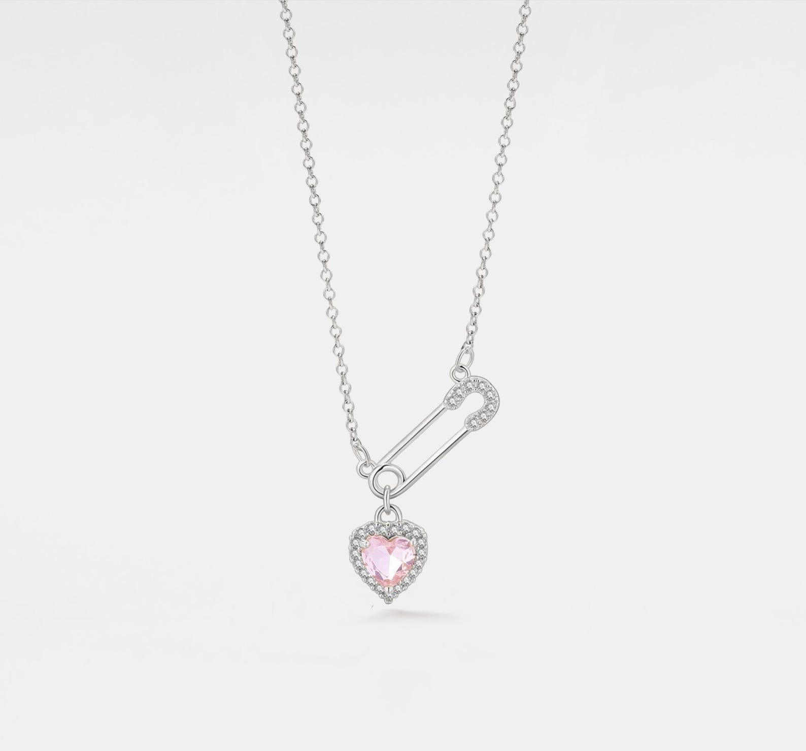 Pink Heart Safety Pin Necklace in Silver