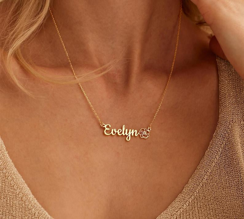 Personalized Gold Birthflower Name Necklace