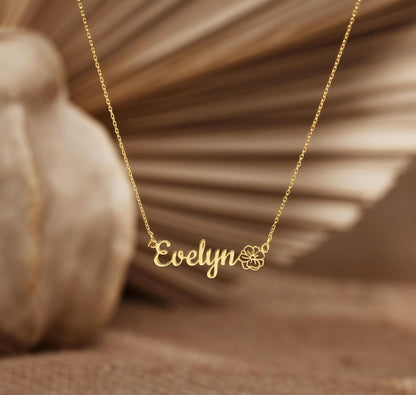 Personalized Gold Birthflower Name Necklace