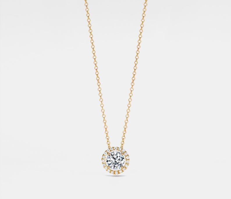 Moissanite Pendant Necklace with Gold Halo