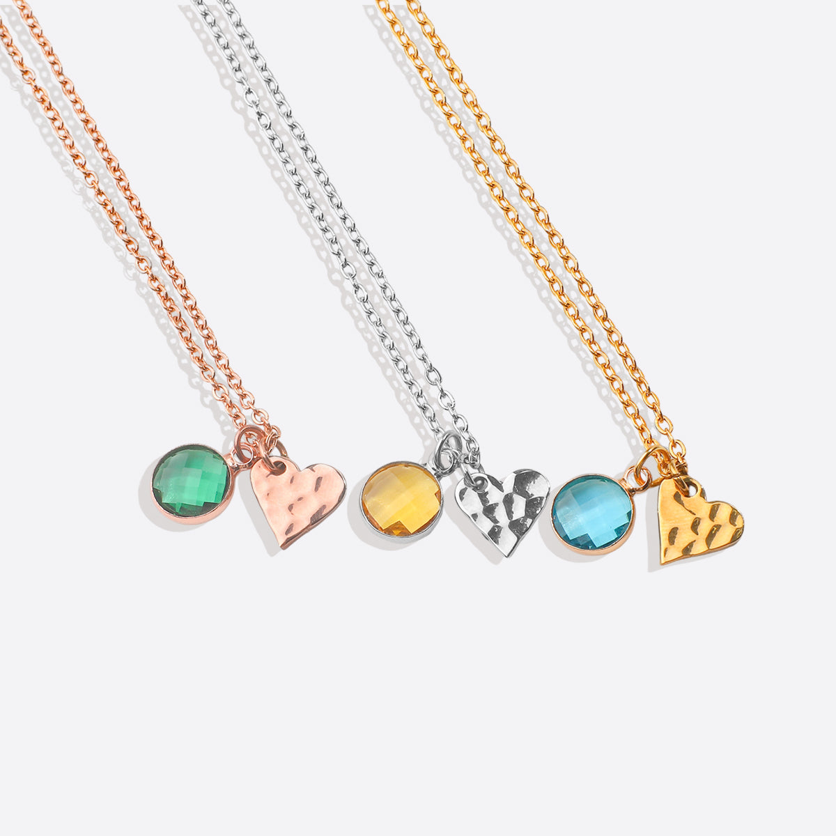 Personalized Hammered Heart Birthstone Necklace Set