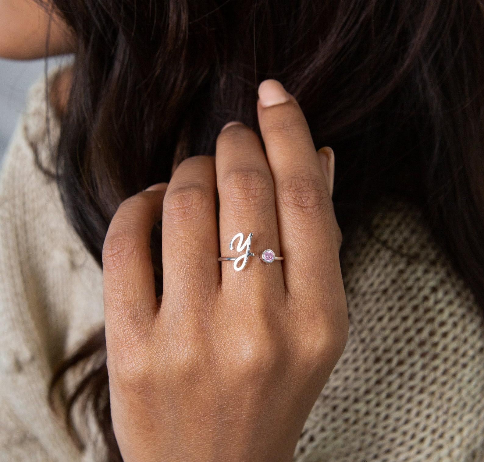 Sterling Silver Initial Birthstone Ring