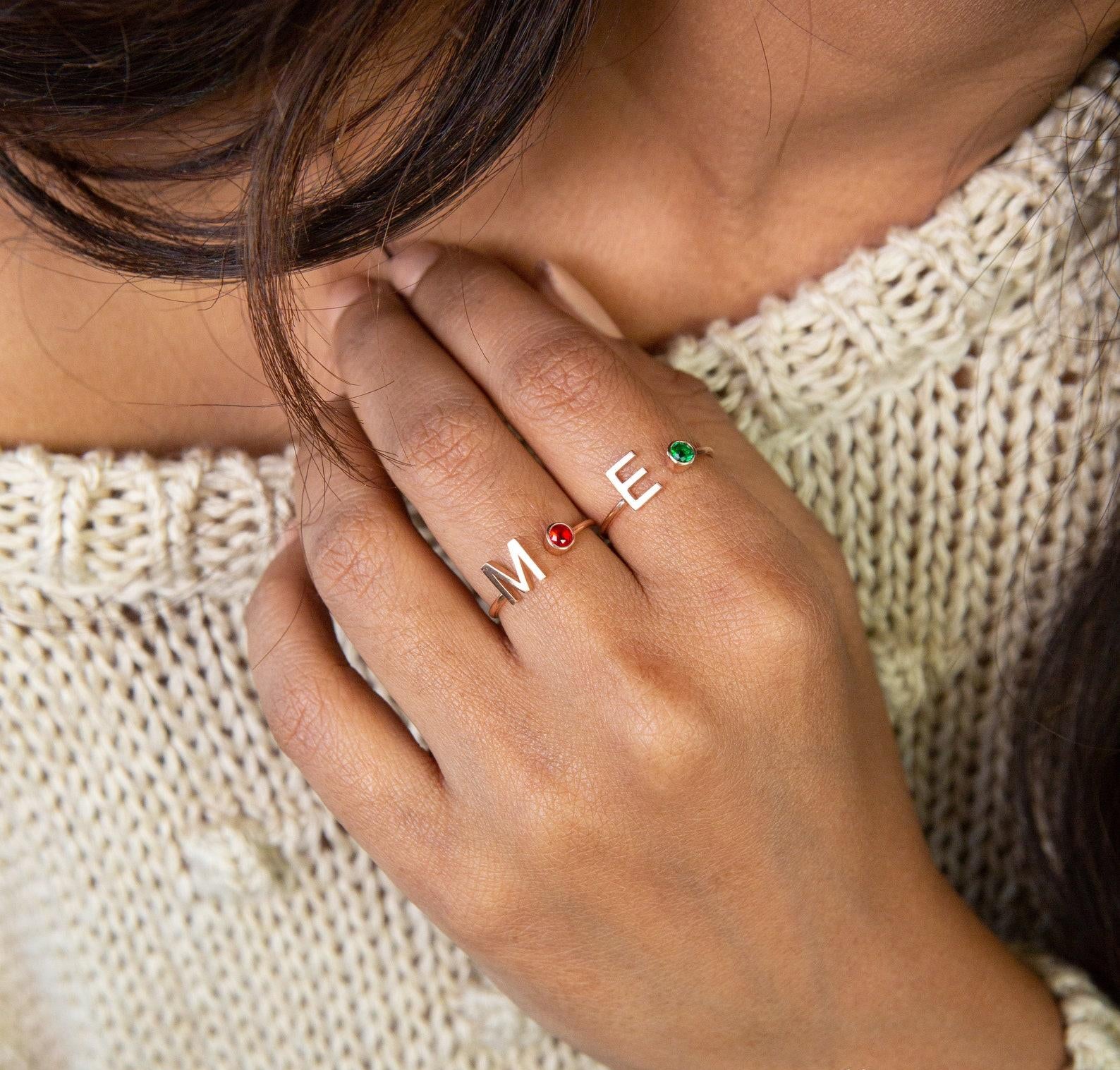 Sterling Silver Initial Birthstone Ring