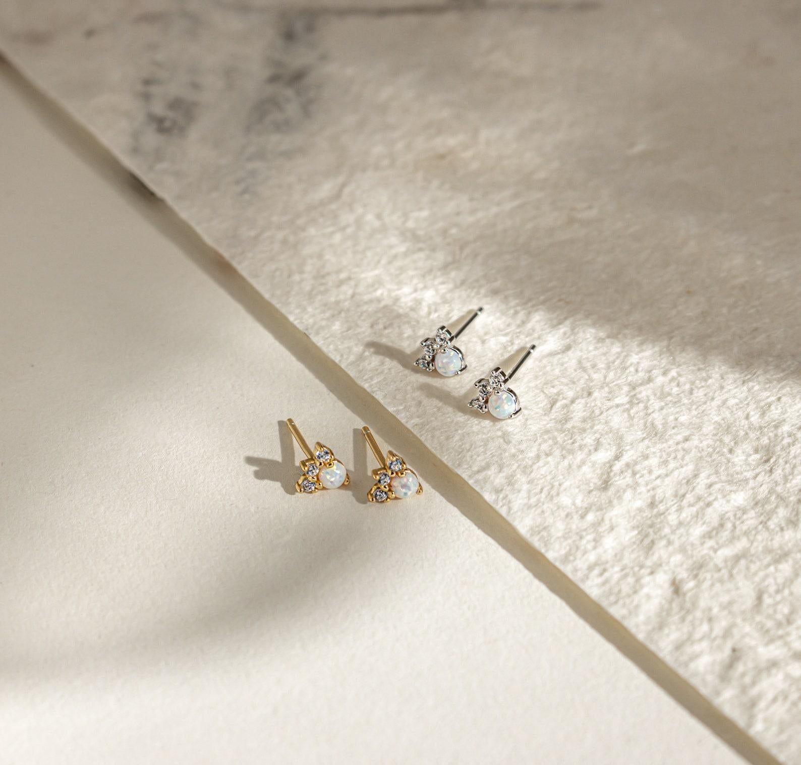 Dainty Opal and Diamond Stud Earrings