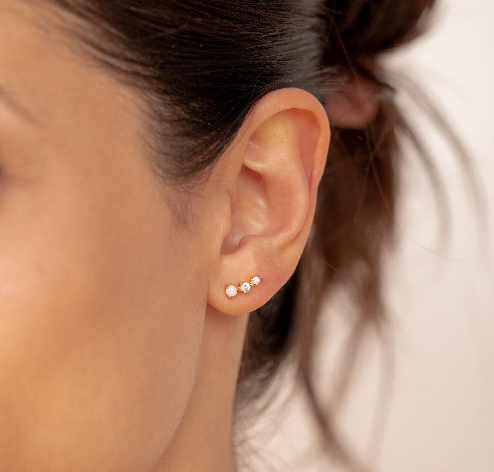 Dainty Opal and Diamond Stud Earrings