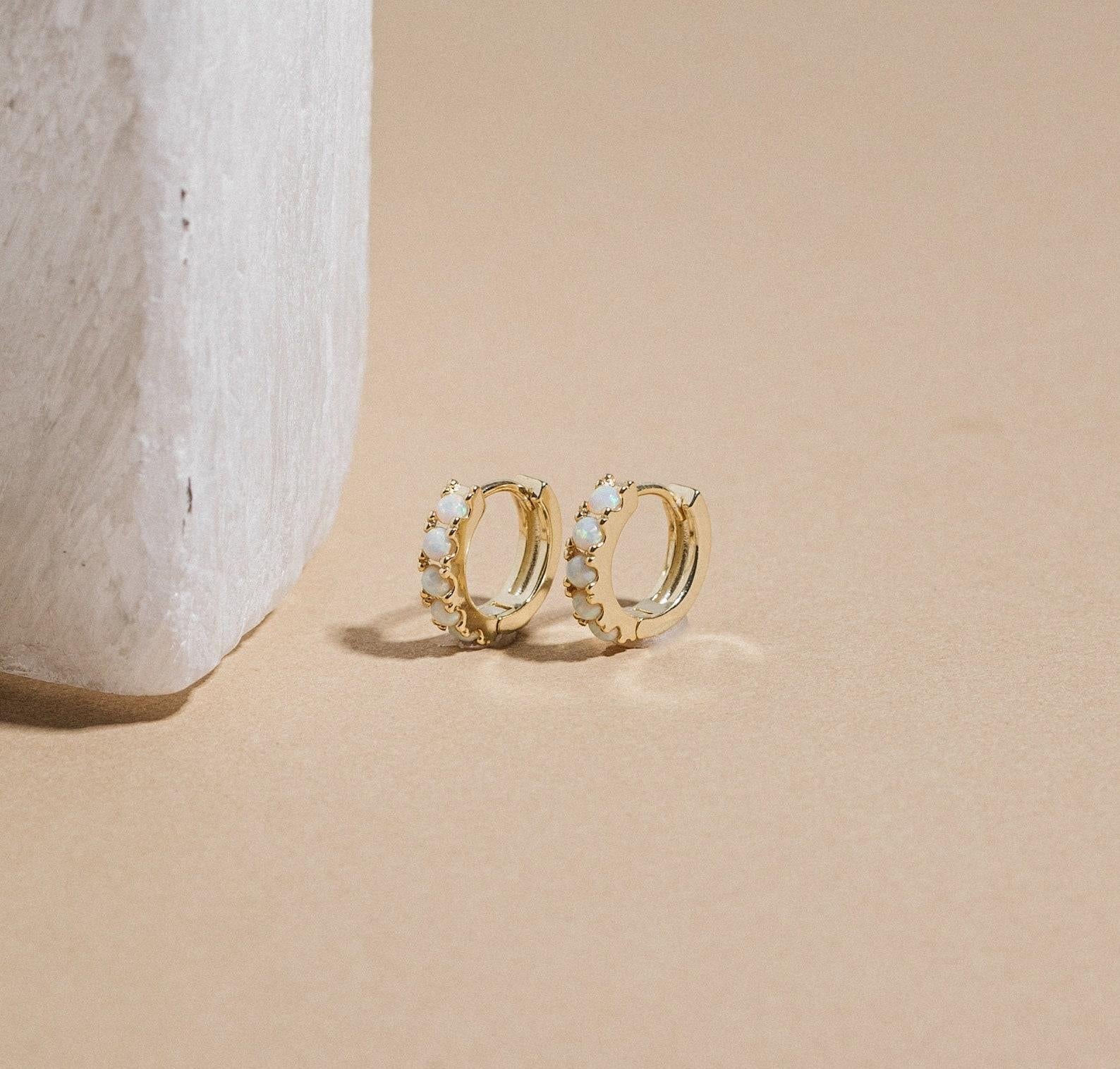 Dainty Opal and Diamond Stud Earrings