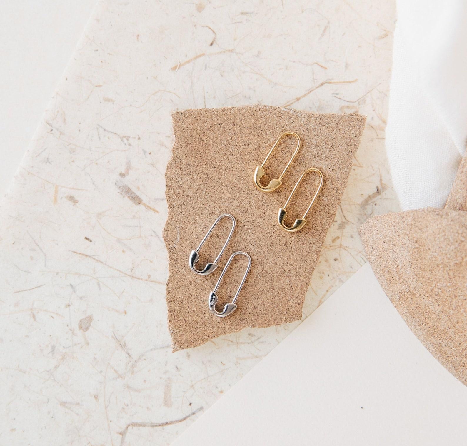 Minimalist Diamond Safety Pin Earrings Set