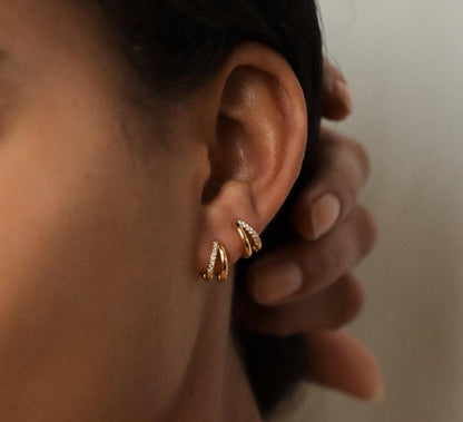 Gold Pave Double Hoop Huggie Earrings