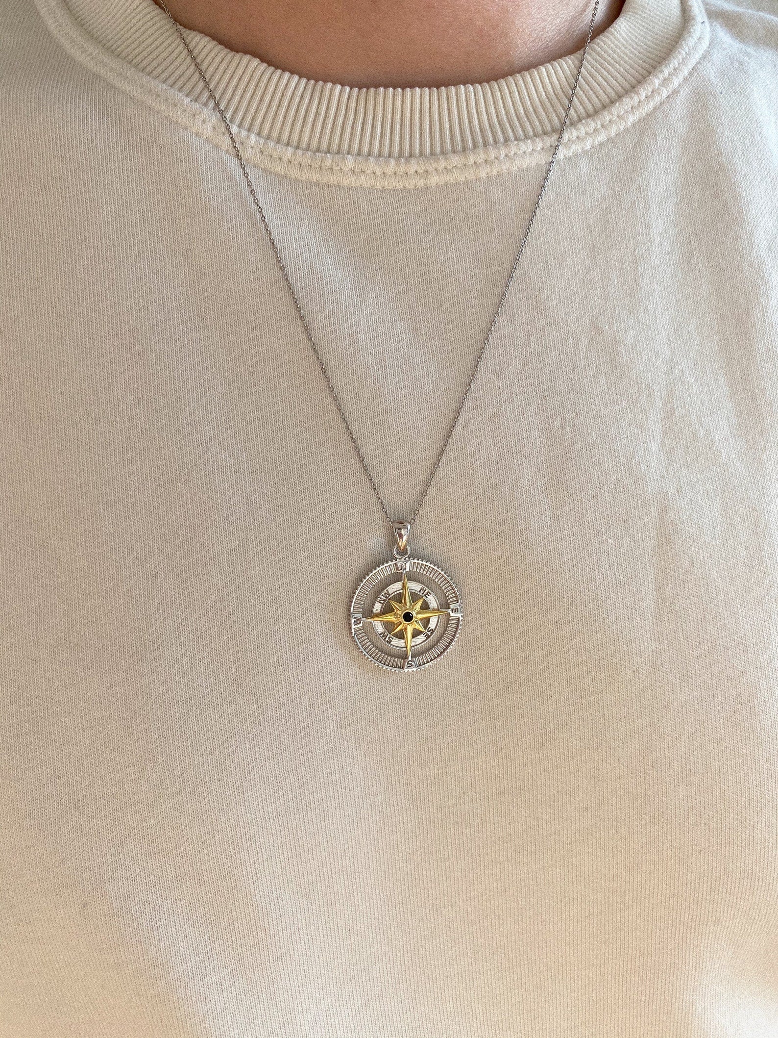 Sterling Silver Compass Necklace for Him