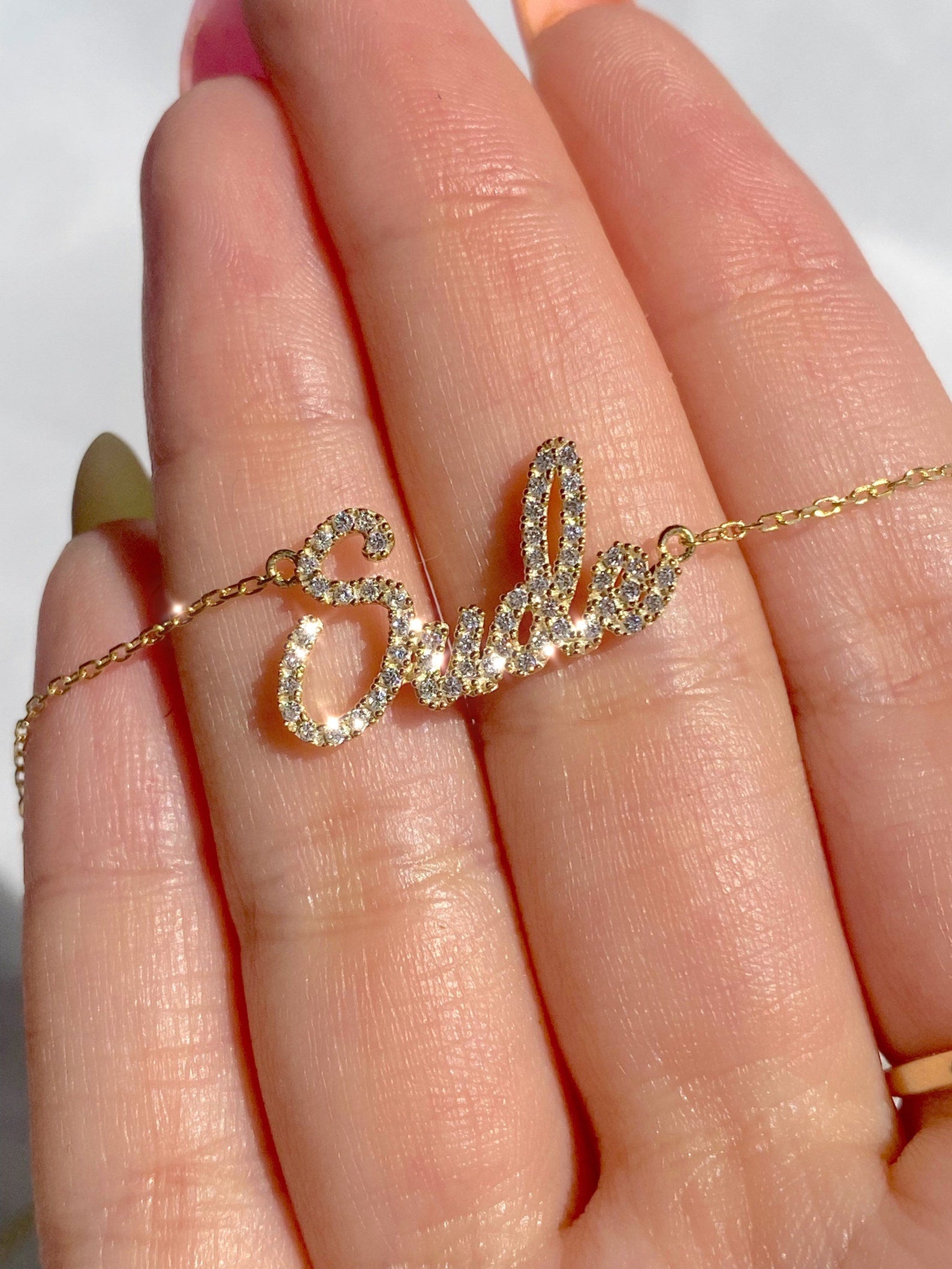 Personalized 14K Gold Crystal Name Necklace