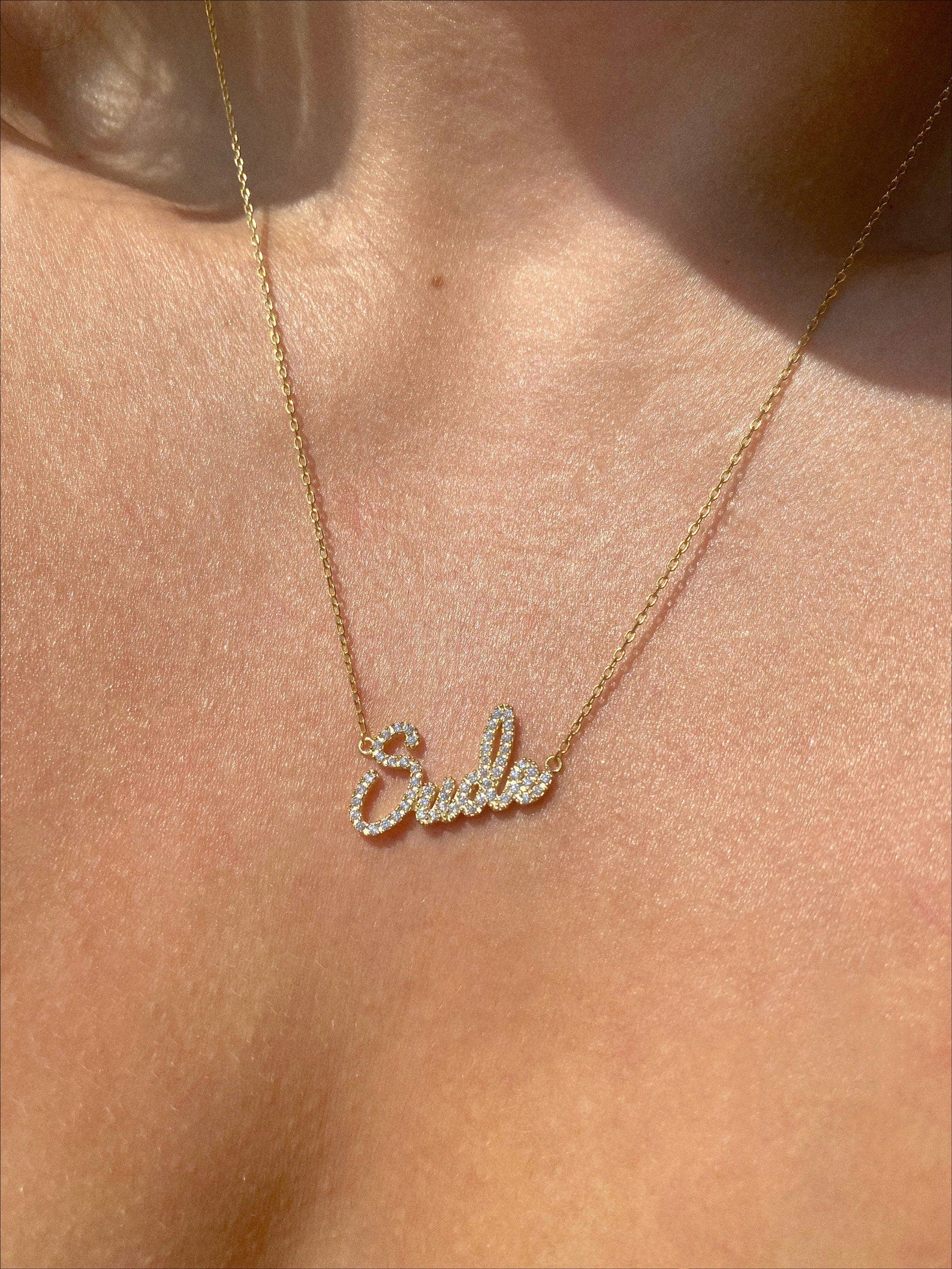 Personalized 14K Gold Crystal Name Necklace