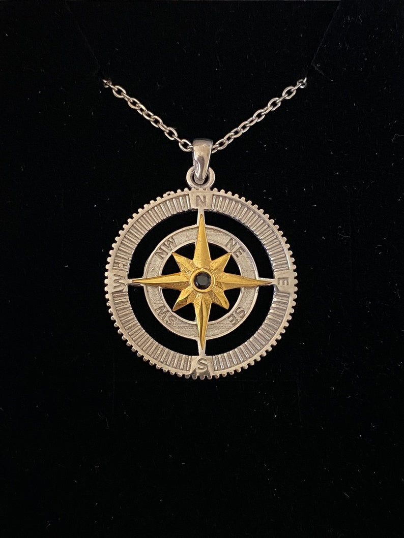 Sterling Silver Compass Necklace for Him