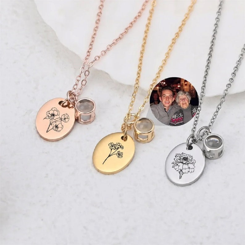 Personalized Birth Flower Photo Necklace